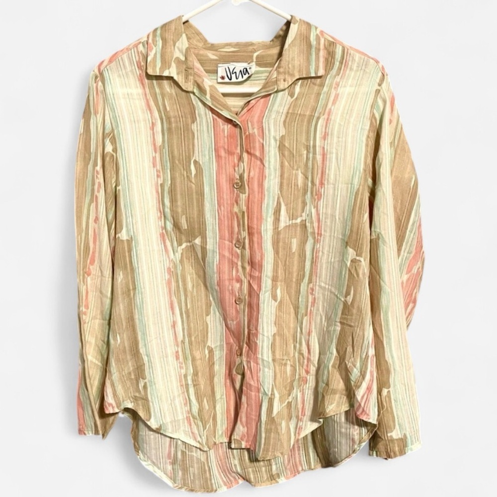 Vera Neumann Vintage Linen Pastel Pink & Blue Striped Blouse Ladybug USA ILGWU